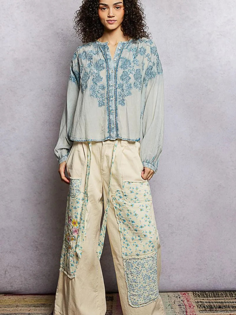 POL Soft Stitch Serenity Floral Button Up Long Sleeve Shirt-Women's Shirts & Tops-Shop Z & Joxa