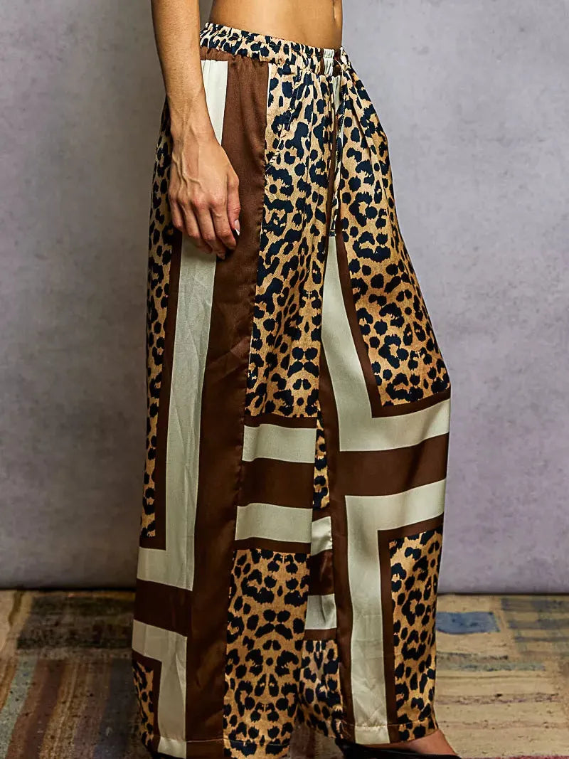 POL Spot on Leopard Printed Drawstring Wide Leg Satin Pants-Women's Pants-Shop Z & Joxa