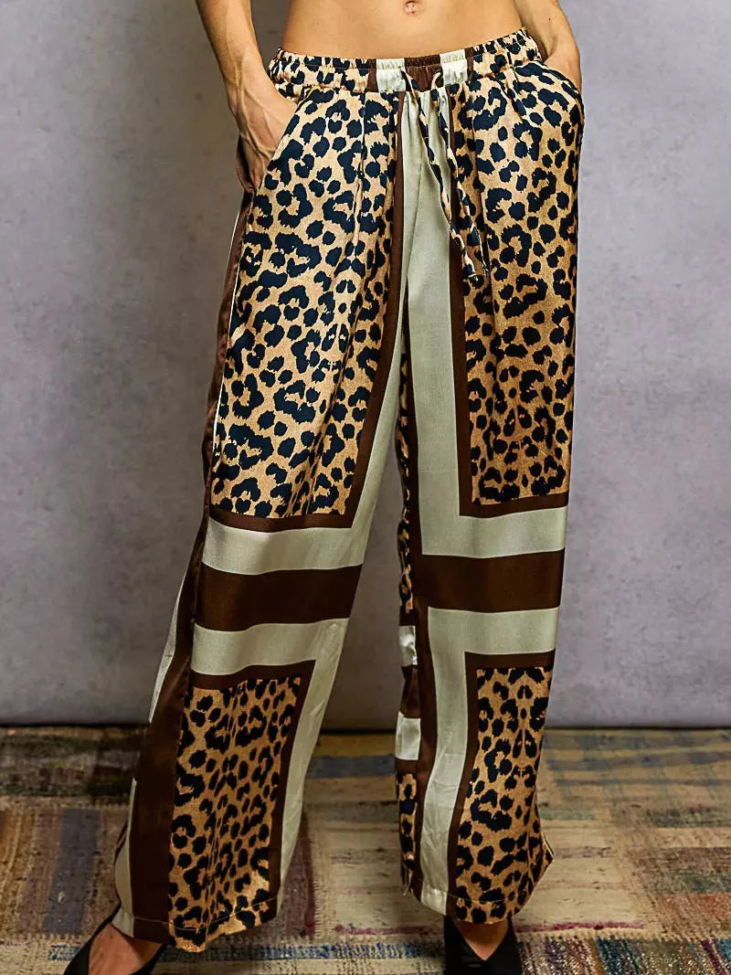 POL Spot on Leopard Printed Drawstring Wide Leg Satin Pants-Women's Pants-Shop Z & Joxa