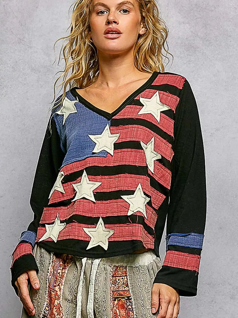 POL Stars & Threads American Flag Long Sleeve Shirt in Black-Women's Shirts & Tops-Shop Z & Joxa