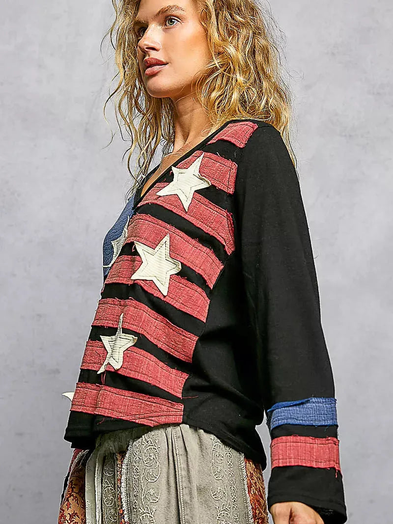 POL Stars & Threads American Flag Long Sleeve Shirt in Black-Women's Shirts & Tops-Shop Z & Joxa