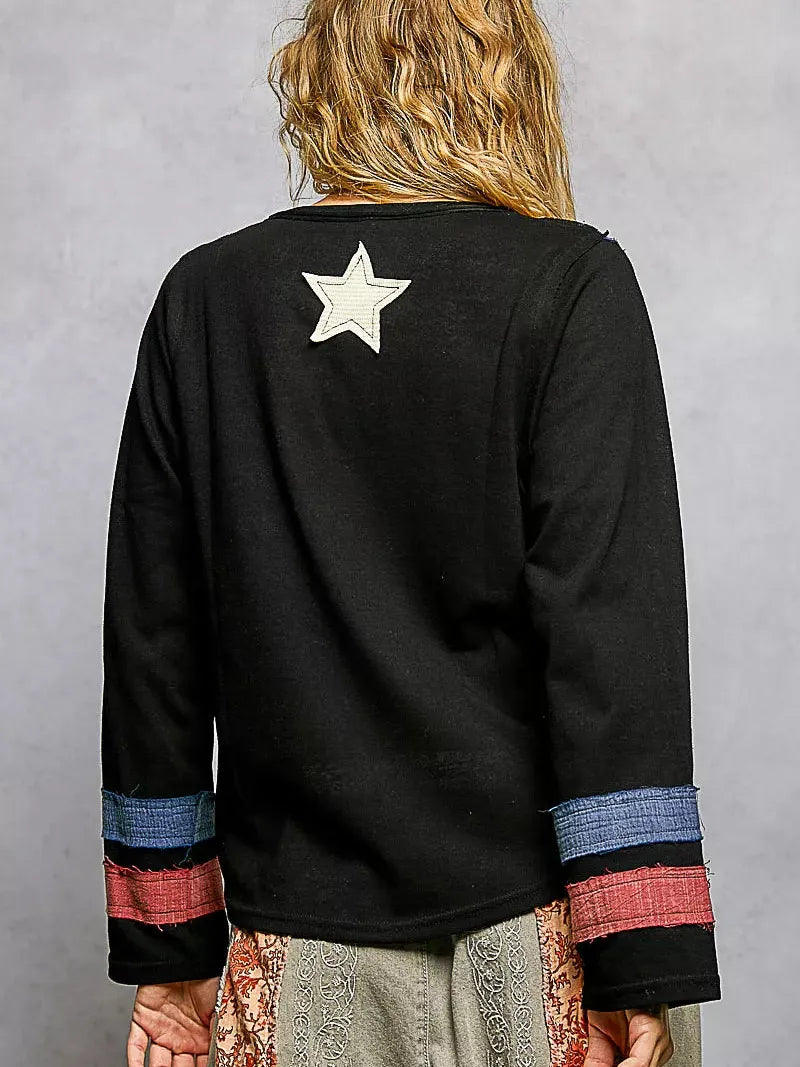 POL Stars & Threads American Flag Long Sleeve Shirt in Black-Women's Shirts & Tops-Shop Z & Joxa