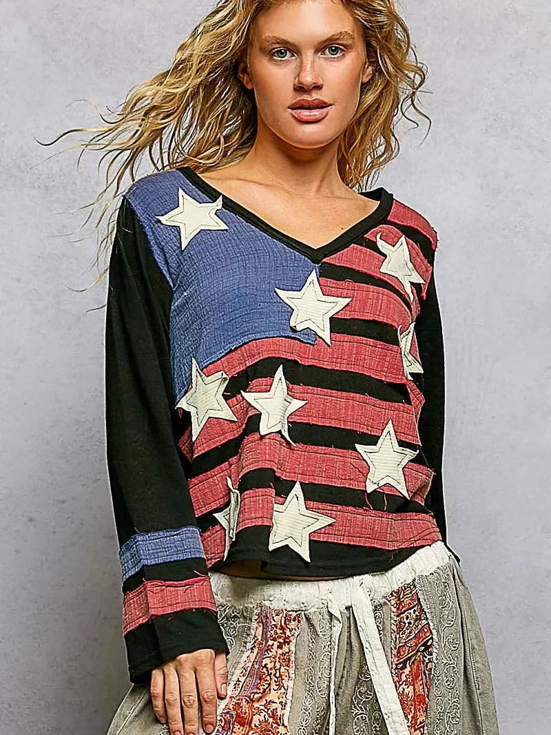 POL Stars & Threads American Flag Long Sleeve Shirt in Black-Women's Shirts & Tops-Shop Z & Joxa