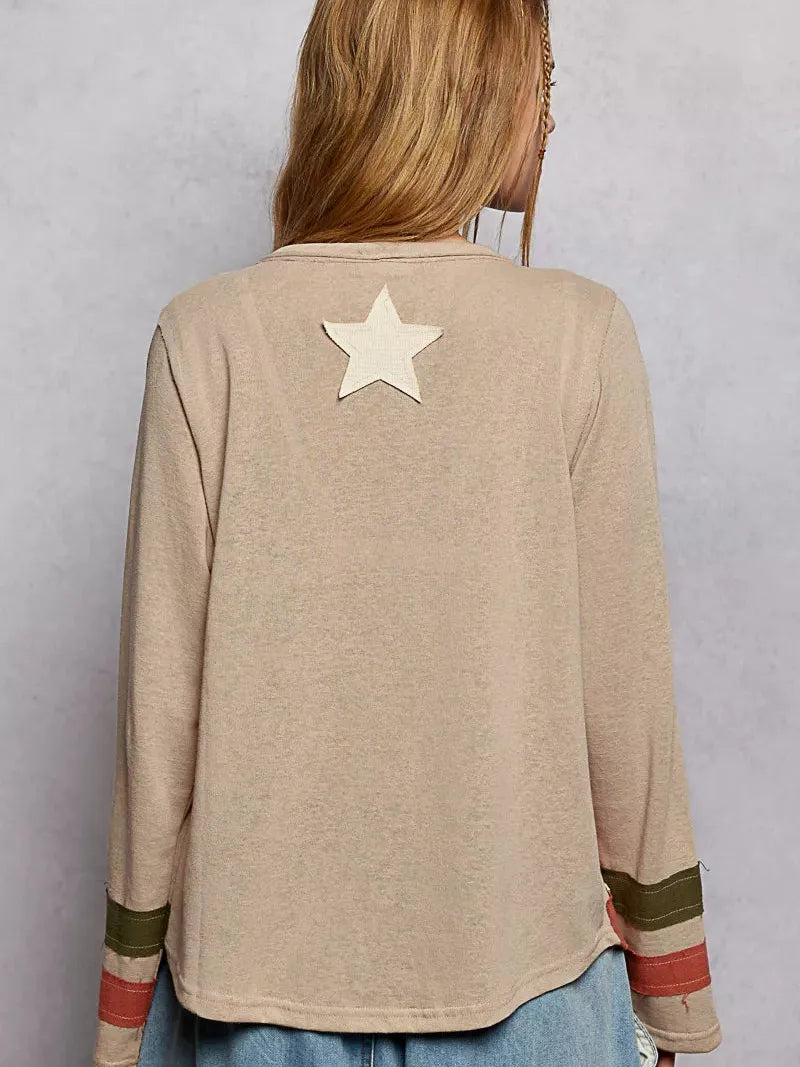 POL Stars & Threads American Flag Long Sleeve Shirt in Mocha-Women's Shirts & Tops-Shop Z & Joxa
