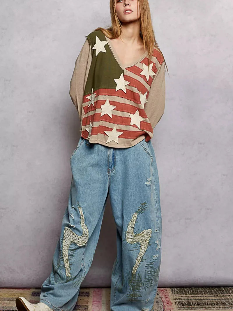 POL Stars & Threads American Flag Long Sleeve Shirt in Mocha-Women's Shirts & Tops-Shop Z & Joxa