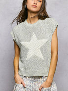 POL Sweet Sage Round Neck Popcorn Knit Top with Star Motif-Women's Shirts & Tops-Shop Z & Joxa