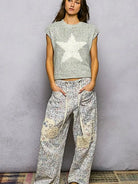 POL Sweet Sage Round Neck Popcorn Knit Top with Star Motif-Women's Shirts & Tops-Shop Z & Joxa