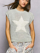 POL Sweet Sage Round Neck Popcorn Knit Top with Star Motif-Women's Shirts & Tops-Shop Z & Joxa
