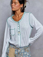 POL Sweet Stitch Story Long Sleeve Top with Contrast Stitching-Women's Shirts & Tops-Shop Z & Joxa