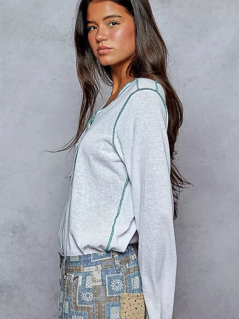 POL Sweet Stitch Story Long Sleeve Top with Contrast Stitching-Women's Shirts & Tops-Shop Z & Joxa