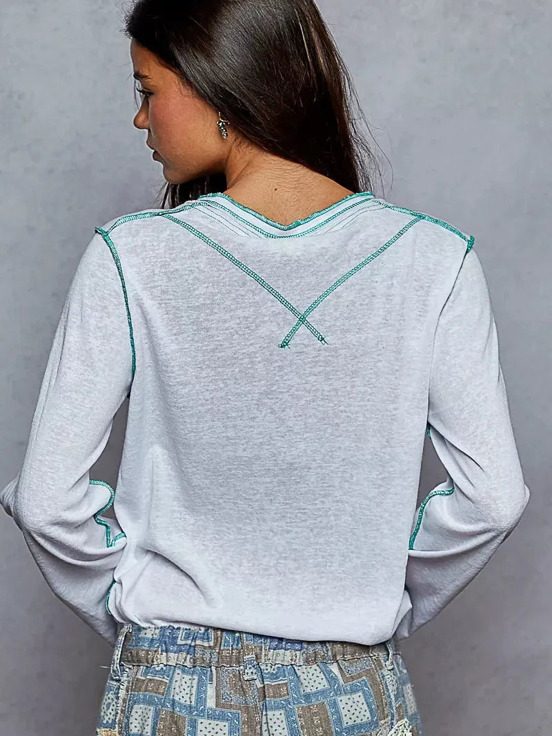 POL Sweet Stitch Story Long Sleeve Top with Contrast Stitching-Women's Shirts & Tops-Shop Z & Joxa