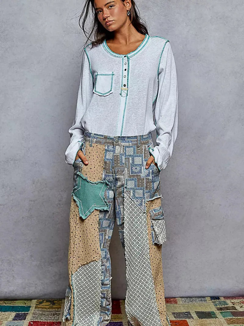 POL Sweet Stitch Story Long Sleeve Top with Contrast Stitching-Women's Shirts & Tops-Shop Z & Joxa