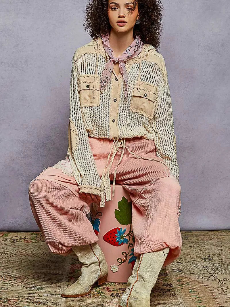 POL Vanilla Drift Textured Button up Cropped Hooded Shirt-Women's Shirts & Tops-Shop Z & Joxa