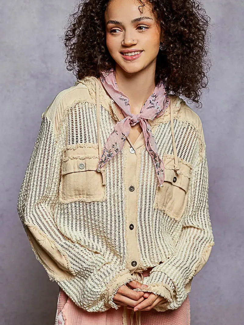 POL Vanilla Drift Textured Button up Cropped Hooded Shirt-Women's Shirts & Tops-Shop Z & Joxa