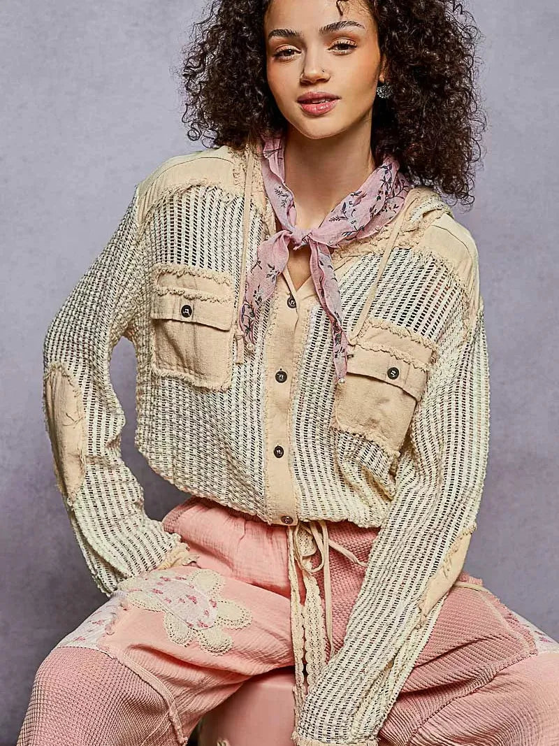 POL Vanilla Drift Textured Button up Cropped Hooded Shirt-Women's Shirts & Tops-Shop Z & Joxa