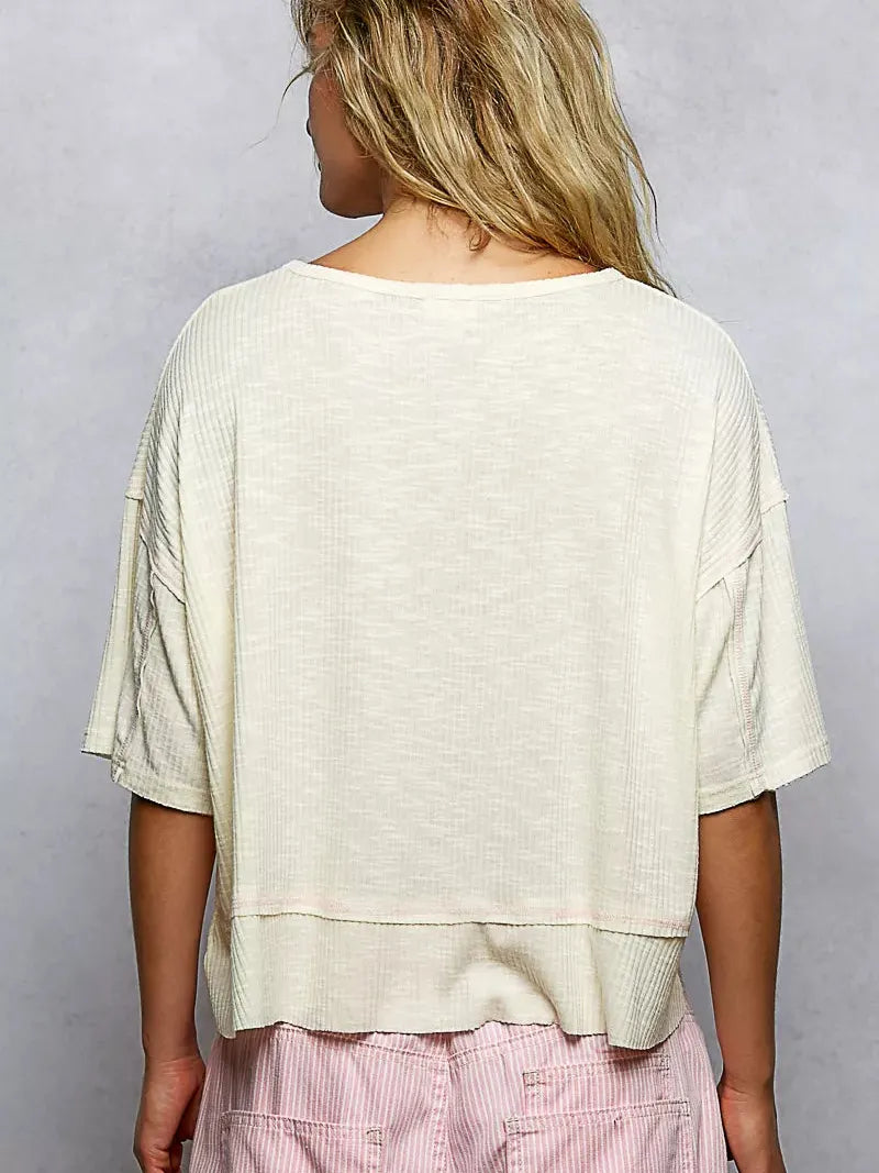 POL Vanilla Stitch Short Sleeve Cropped Rib T-Shirt-Women's Shirts & Tops-Shop Z & Joxa