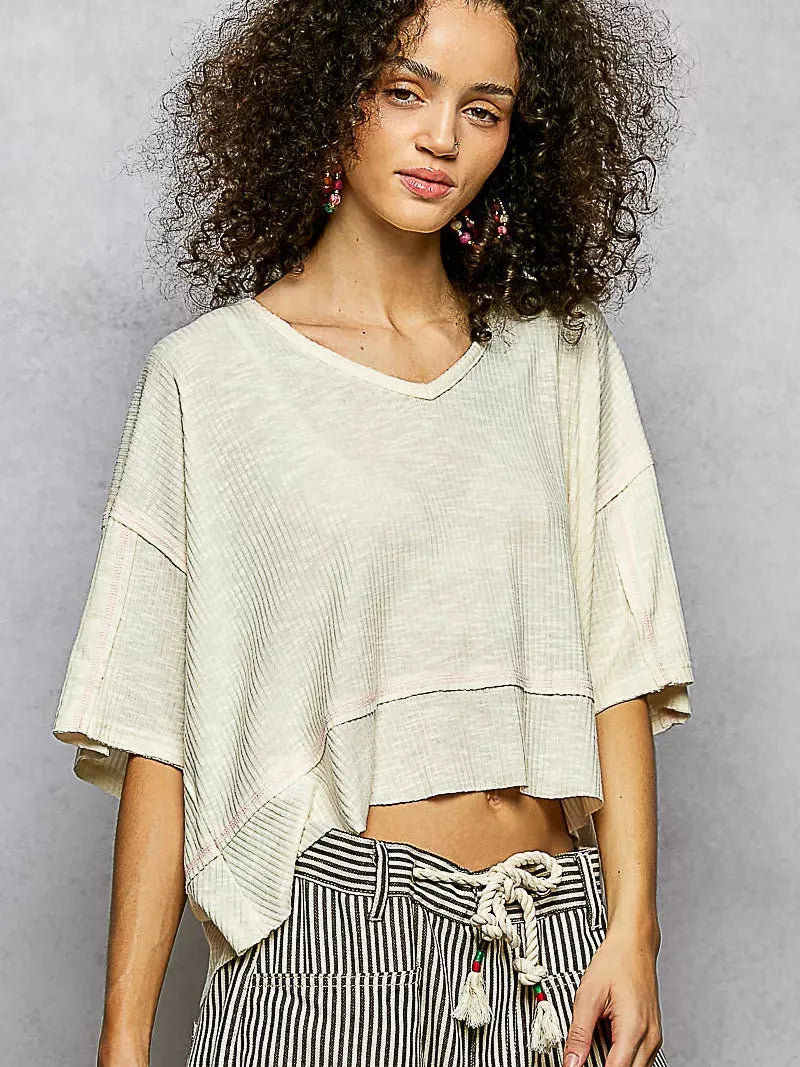 POL Vanilla Stitch Short Sleeve Cropped Rib T-Shirt-Women's Shirts & Tops-Shop Z & Joxa