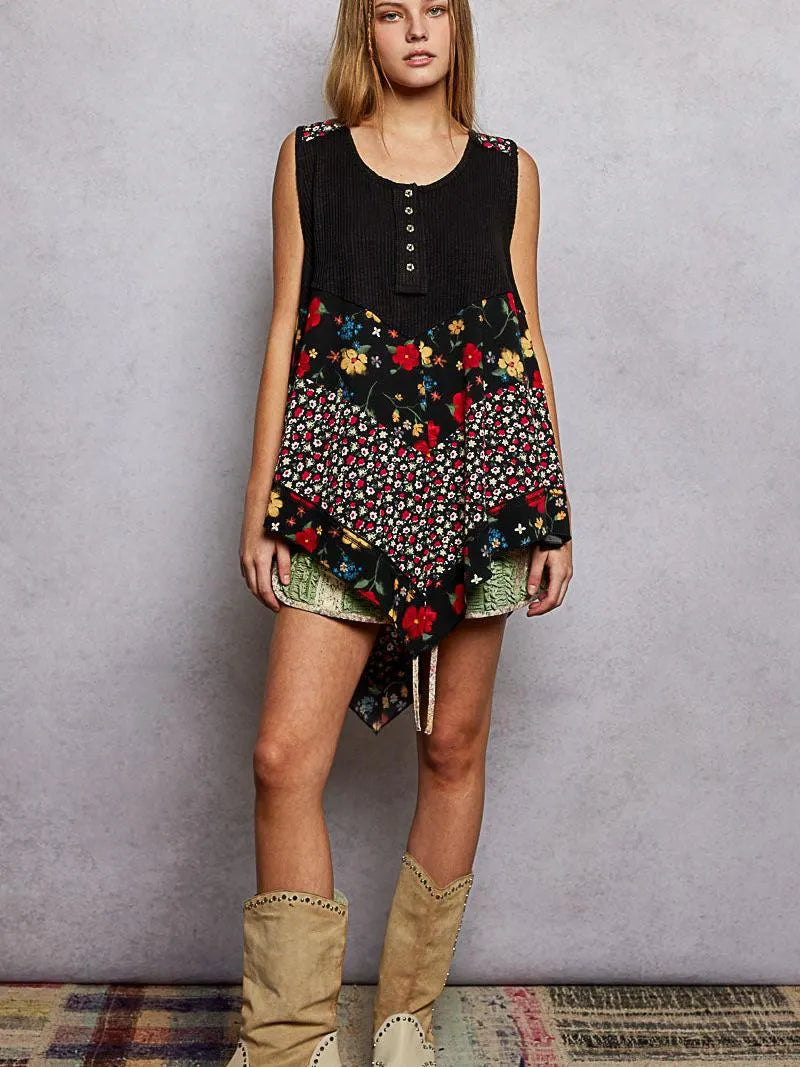 POL Vintage Vibe Ribbed Tank with Floral Patch in Black-Shirts & Tops-Shop Z & Joxa