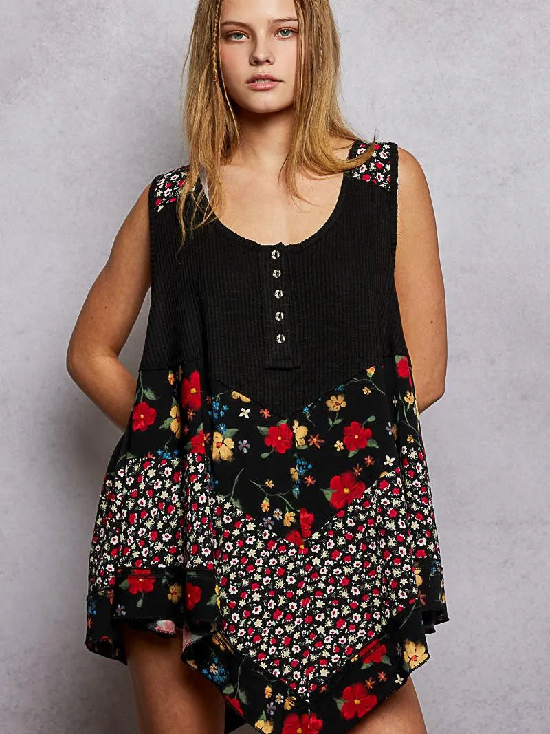 POL Vintage Vibe Ribbed Tank with Floral Patch in Black-Shirts & Tops-Shop Z & Joxa