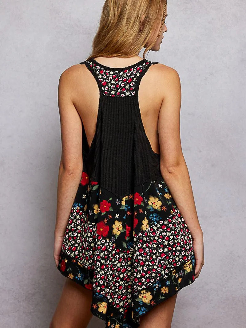 POL Vintage Vibe Ribbed Tank with Floral Patch in Black-Shirts & Tops-Shop Z & Joxa
