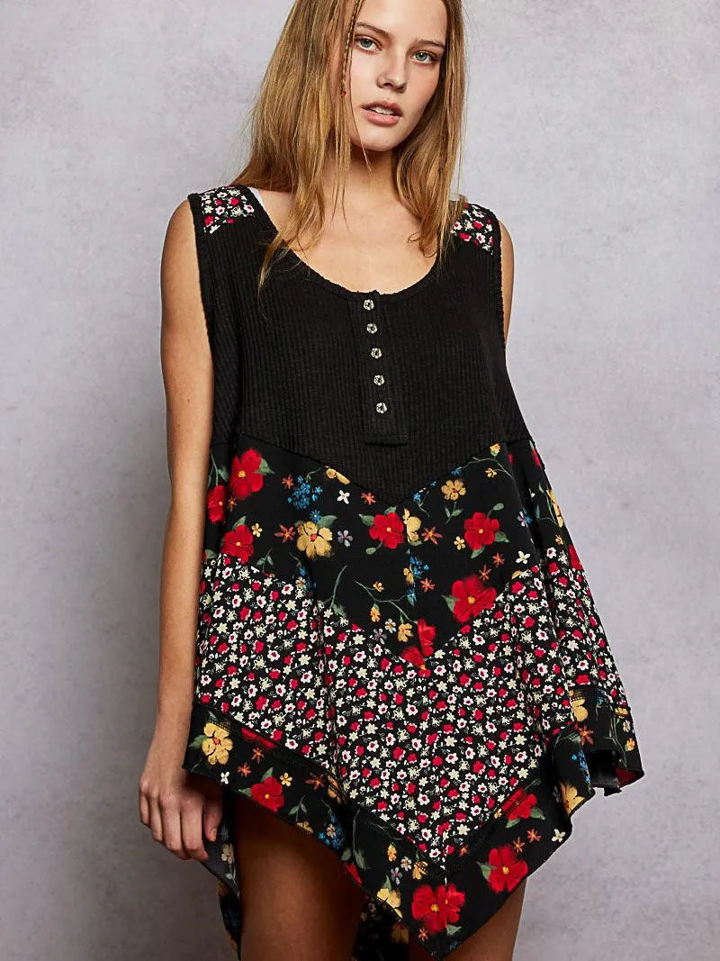 POL Vintage Vibe Ribbed Tank with Floral Patch in Black-Shirts & Tops-Shop Z & Joxa