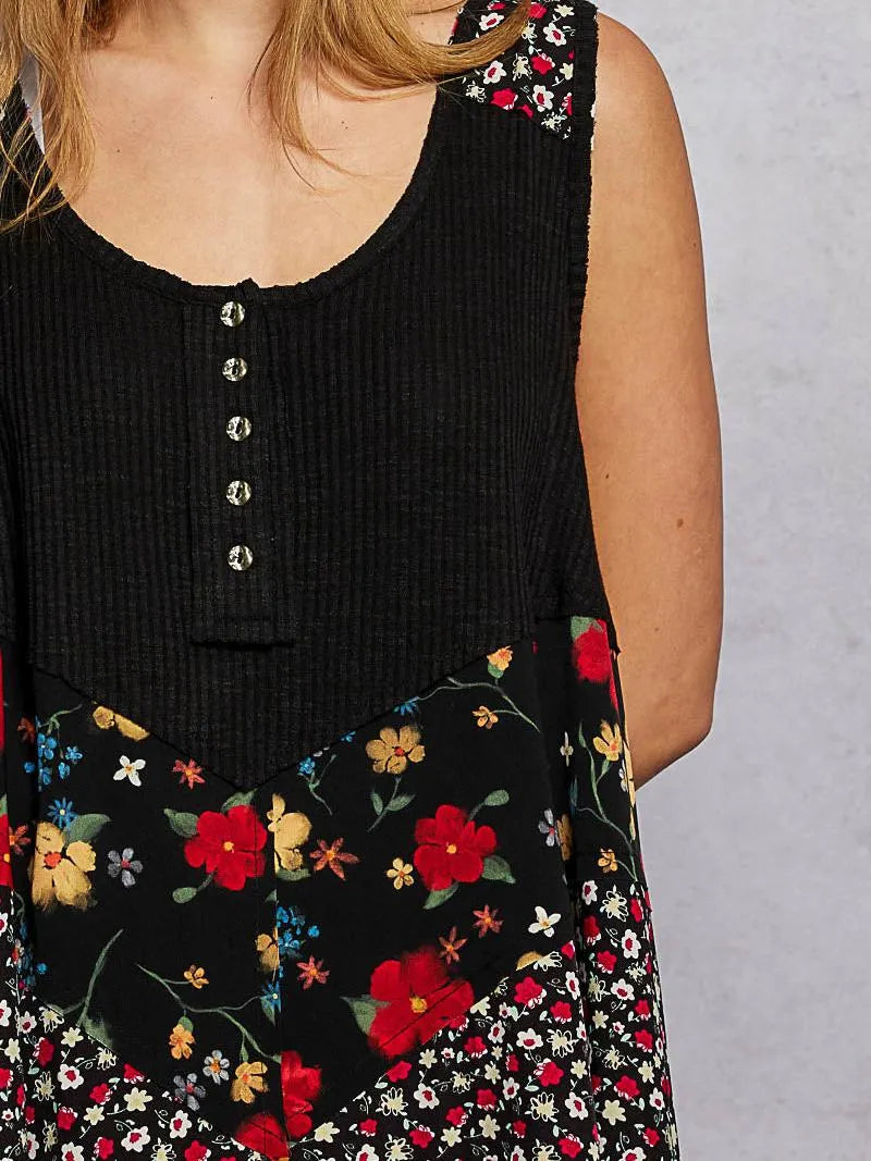 POL Vintage Vibe Ribbed Tank with Floral Patch in Black-Shirts & Tops-Shop Z & Joxa