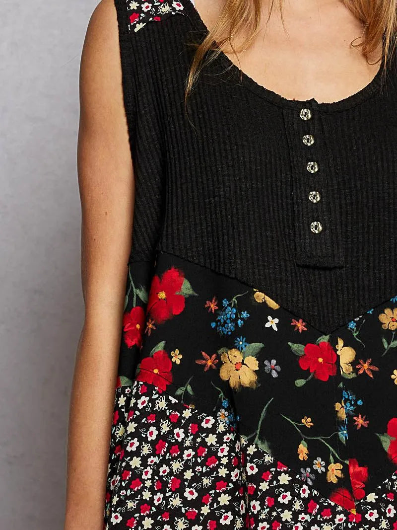 POL Vintage Vibe Ribbed Tank with Floral Patch in Black-Shirts & Tops-Shop Z & Joxa