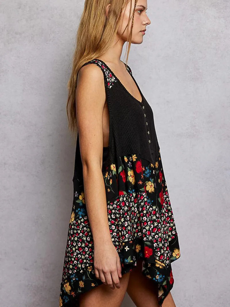 POL Vintage Vibe Ribbed Tank with Floral Patch in Black-Shirts & Tops-Shop Z & Joxa