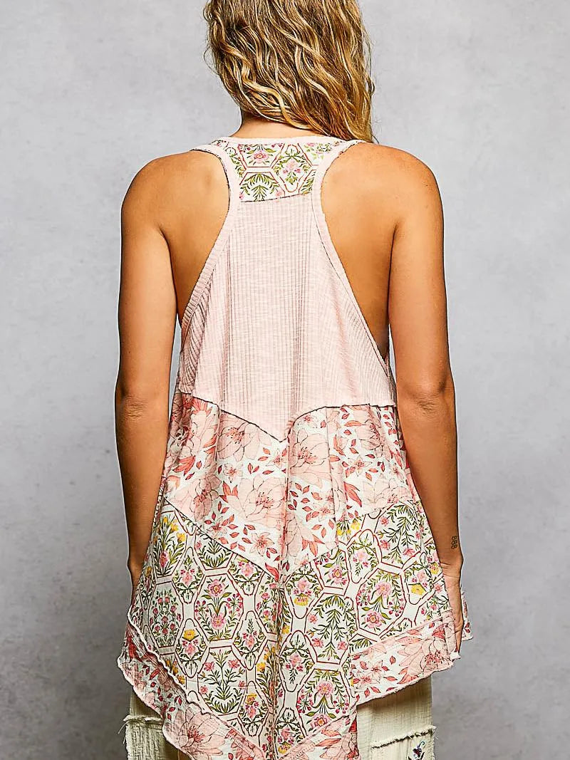 POL Vintage Vibe Ribbed Tank with Floral Patch in Pink-Women's Shirts & Tops-Shop Z & Joxa