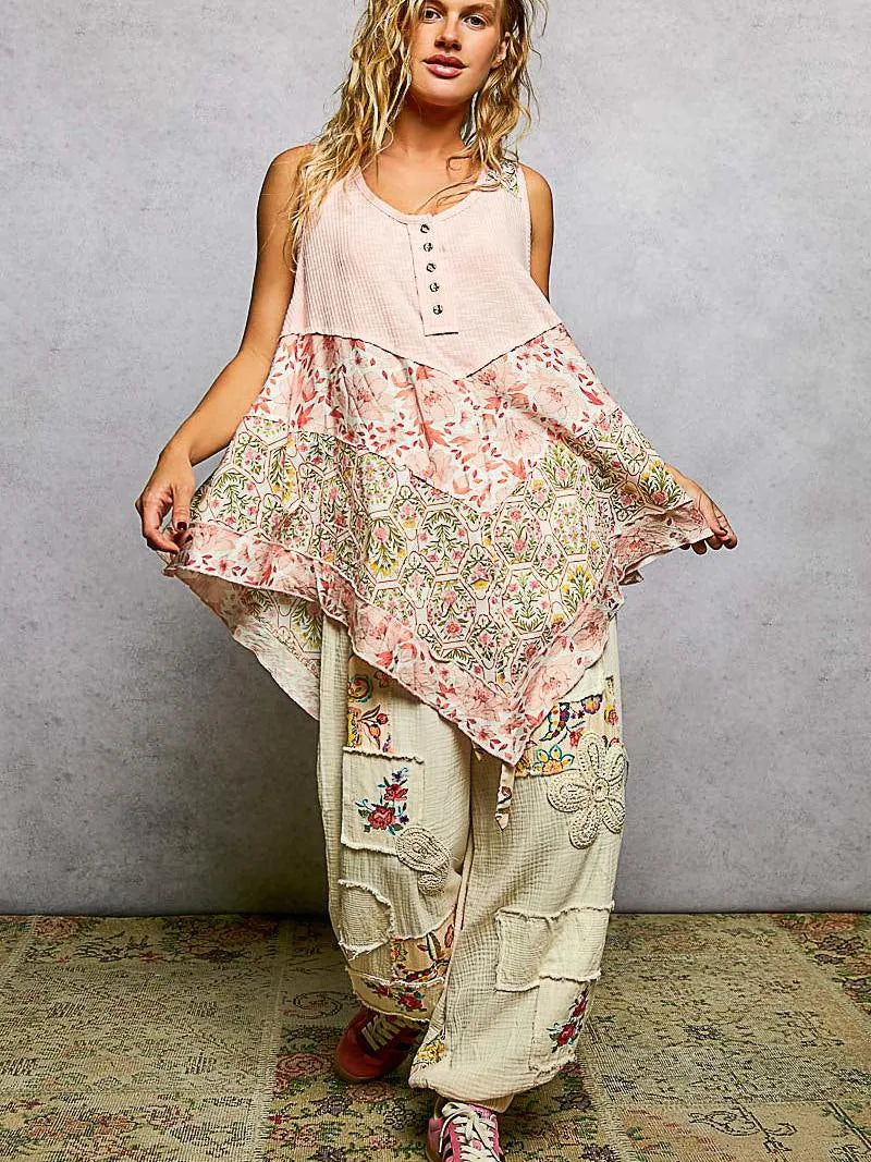 POL Vintage Vibe Ribbed Tank with Floral Patch in Pink-Women's Shirts & Tops-Shop Z & Joxa