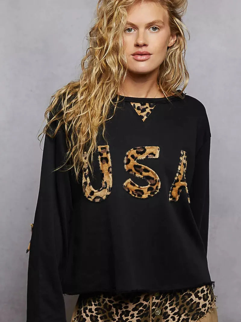 POL Wild Heart USA Animal Print Long Sleeve Terry Sweatshirt-Women's Shirts & Tops-Shop Z & Joxa