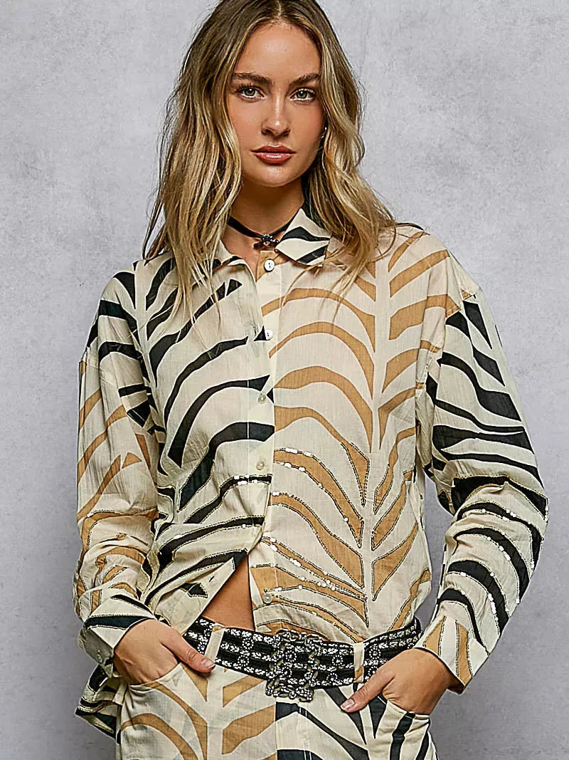 POL Wild Shine Two-Tone Printed Zebra Spangle Long Sleeve Shirt-Women's Shirts & Tops-Shop Z & Joxa