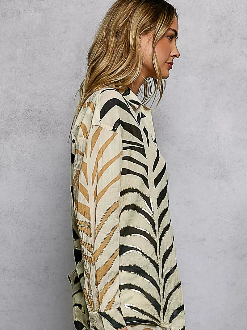 POL Wild Shine Two-Tone Printed Zebra Spangle Long Sleeve Shirt-Women's Shirts & Tops-Shop Z & Joxa