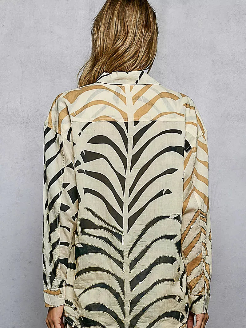 POL Wild Shine Two-Tone Printed Zebra Spangle Long Sleeve Shirt-Women's Shirts & Tops-Shop Z & Joxa