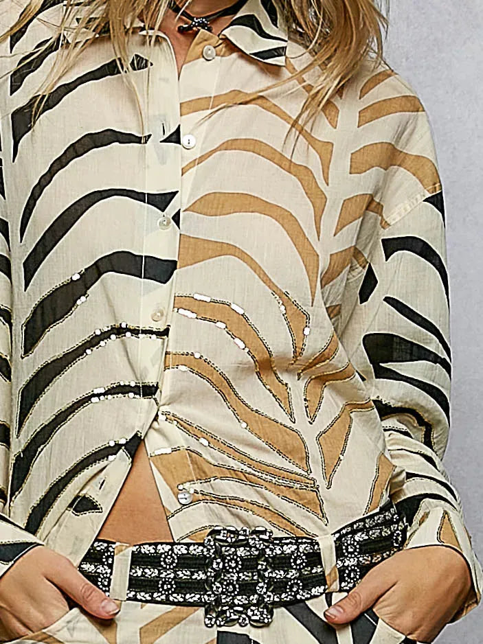 POL Wild Shine Two-Tone Printed Zebra Spangle Long Sleeve Shirt-Women's Shirts & Tops-Shop Z & Joxa