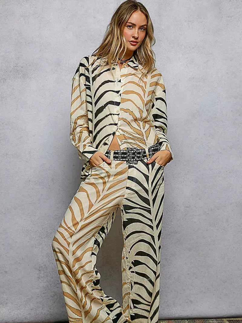 POL Wild Shine Two-Tone Printed Zebra Spangle Long Sleeve Shirt-Women's Shirts & Tops-Shop Z & Joxa