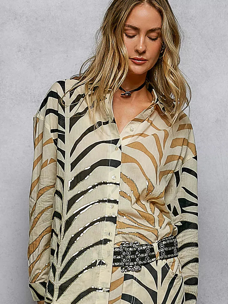 POL Wild Shine Two-Tone Printed Zebra Spangle Long Sleeve Shirt-Women's Shirts & Tops-Shop Z & Joxa