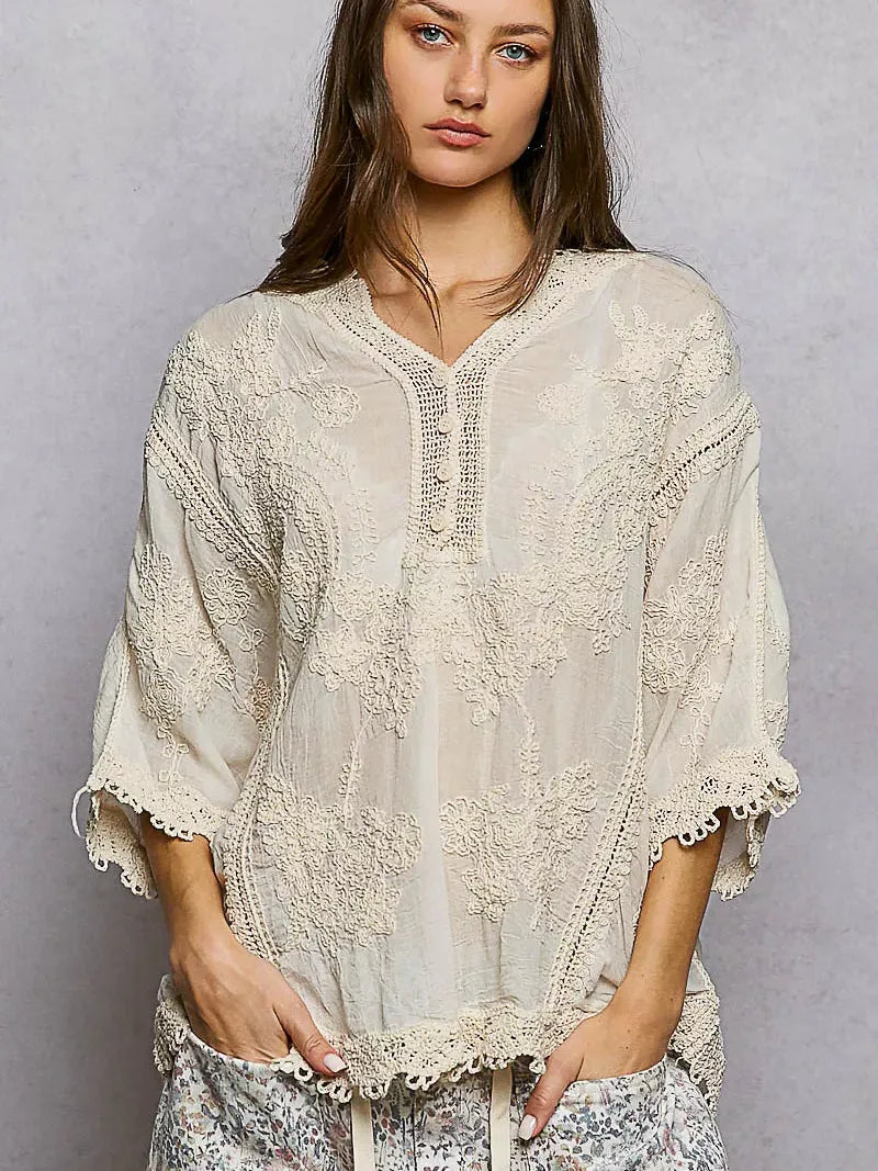 POL Wildflower Weave Floral Embroidered Top with Trim Edge-Women's Shirts & Tops-Shop Z & Joxa