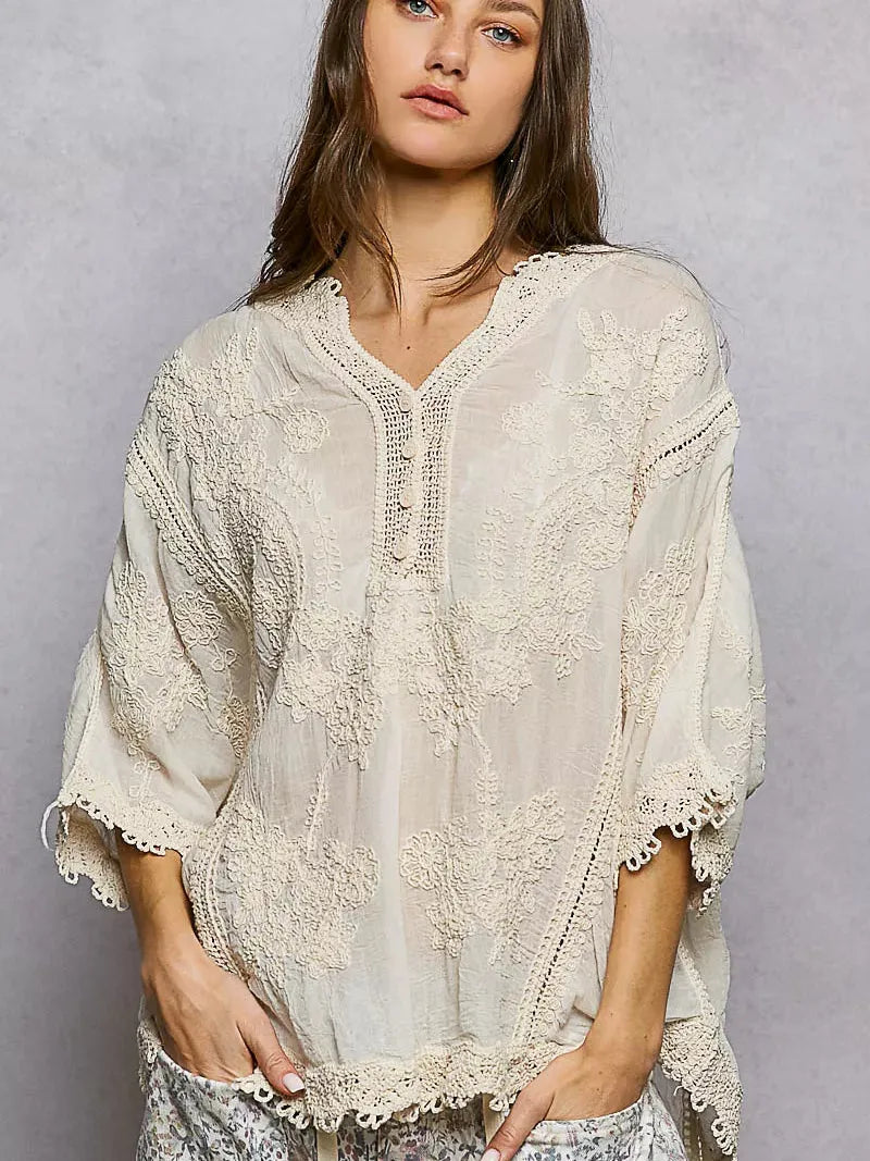 POL Wildflower Weave Floral Embroidered Top with Trim Edge-Women's Shirts & Tops-Shop Z & Joxa