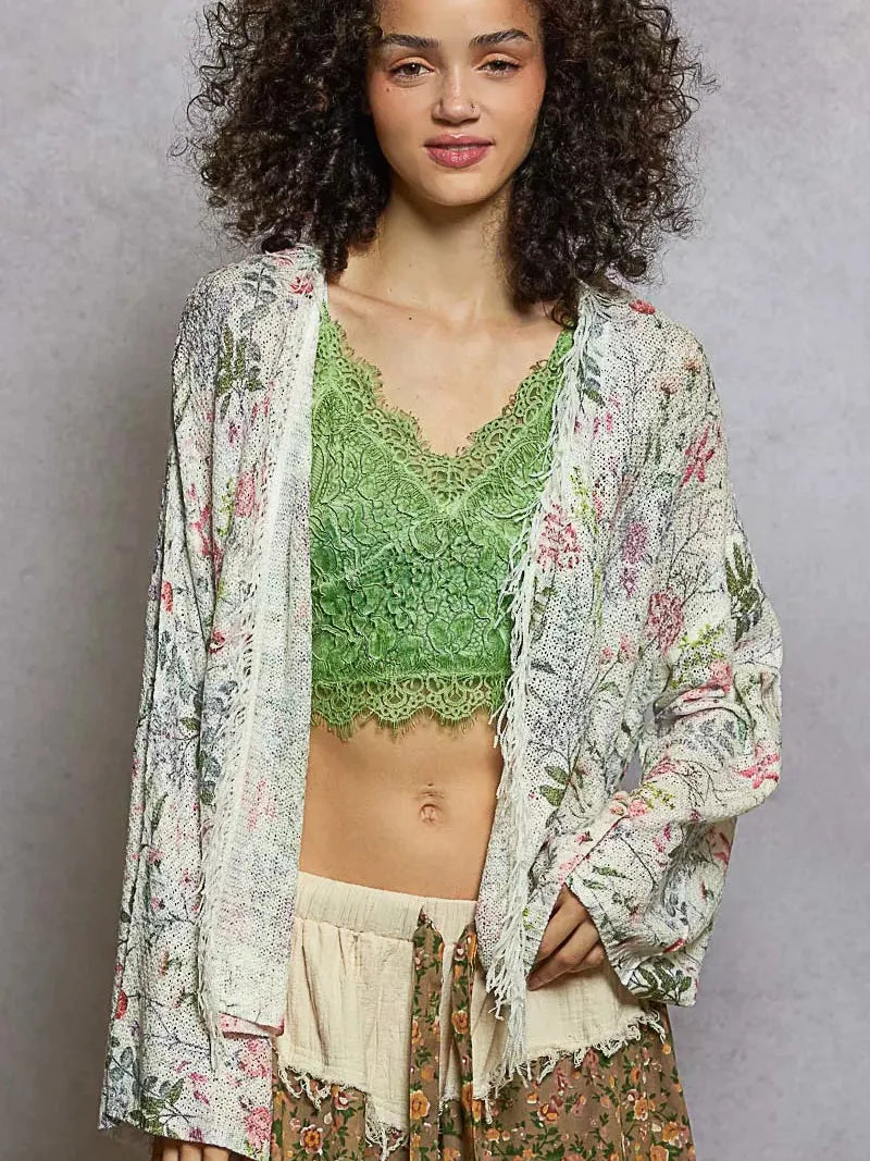 POL Wildflower Wrap Open Front Floral Cardigan with Fringe-Women's Shirts & Tops-Shop Z & Joxa