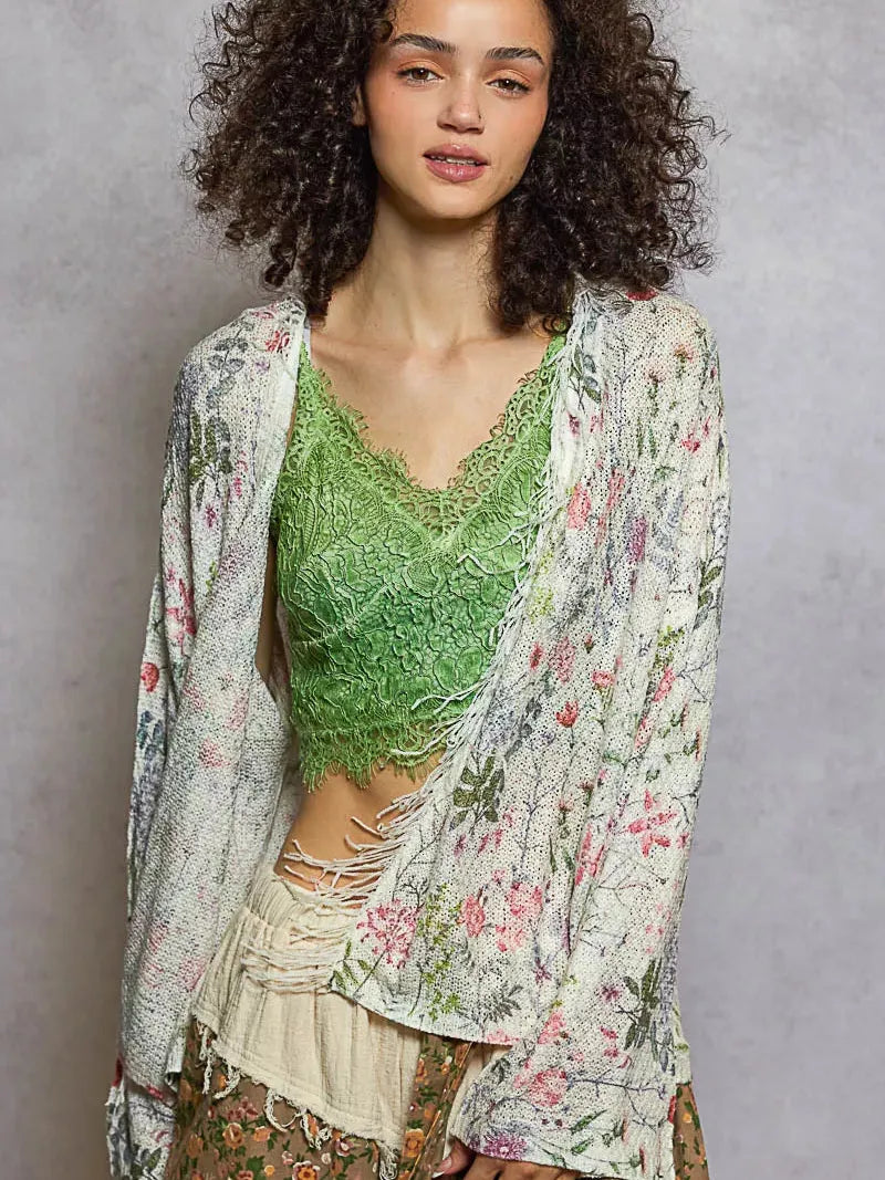 POL Wildflower Wrap Open Front Floral Cardigan with Fringe-Women's Shirts & Tops-Shop Z & Joxa