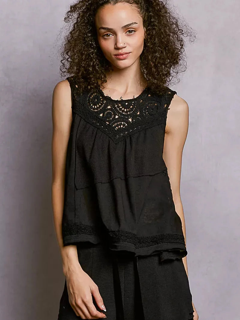 POL Woven Whisper Crochet Contrast Sleeveless Top in Black-Women's Shirts & Tops-Shop Z & Joxa