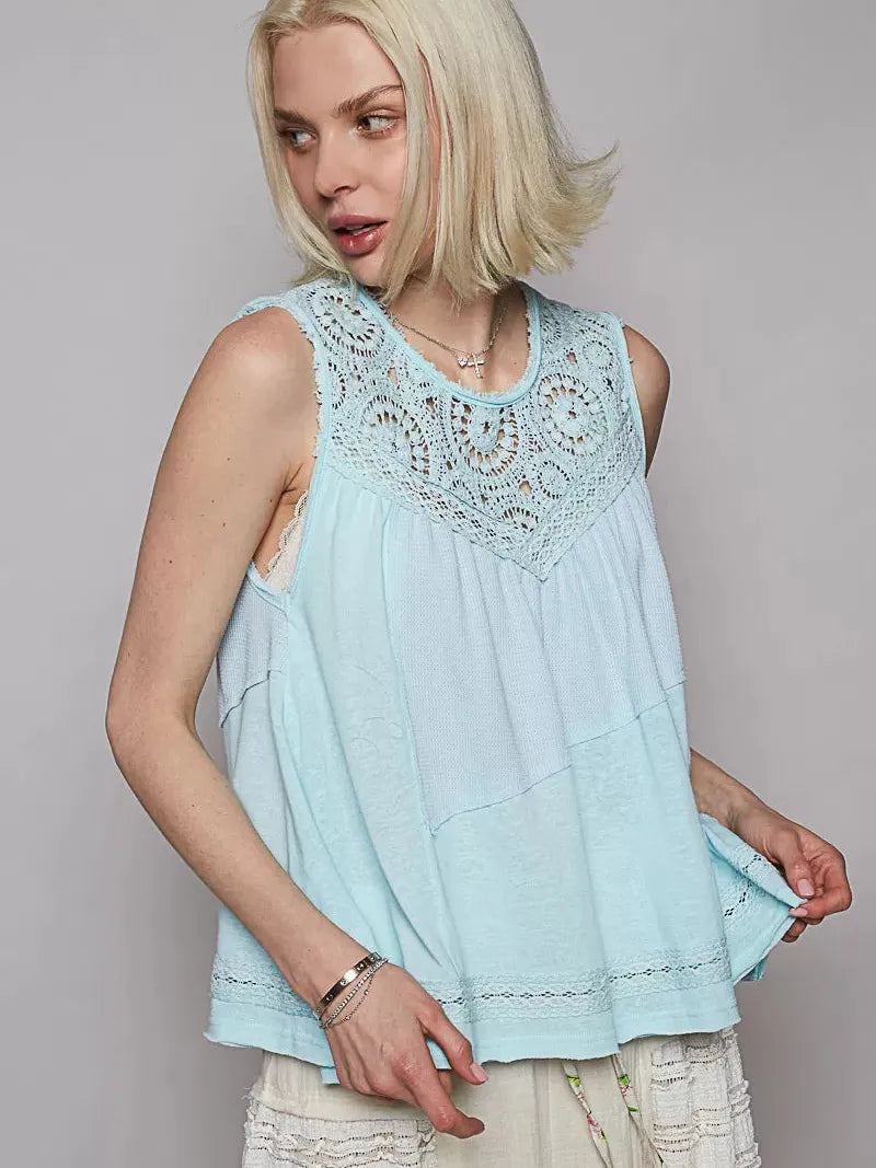 POL Woven Whisper Crochet Contrast Sleeveless Top in Blue-Women's Shirts & Tops-Shop Z & Joxa