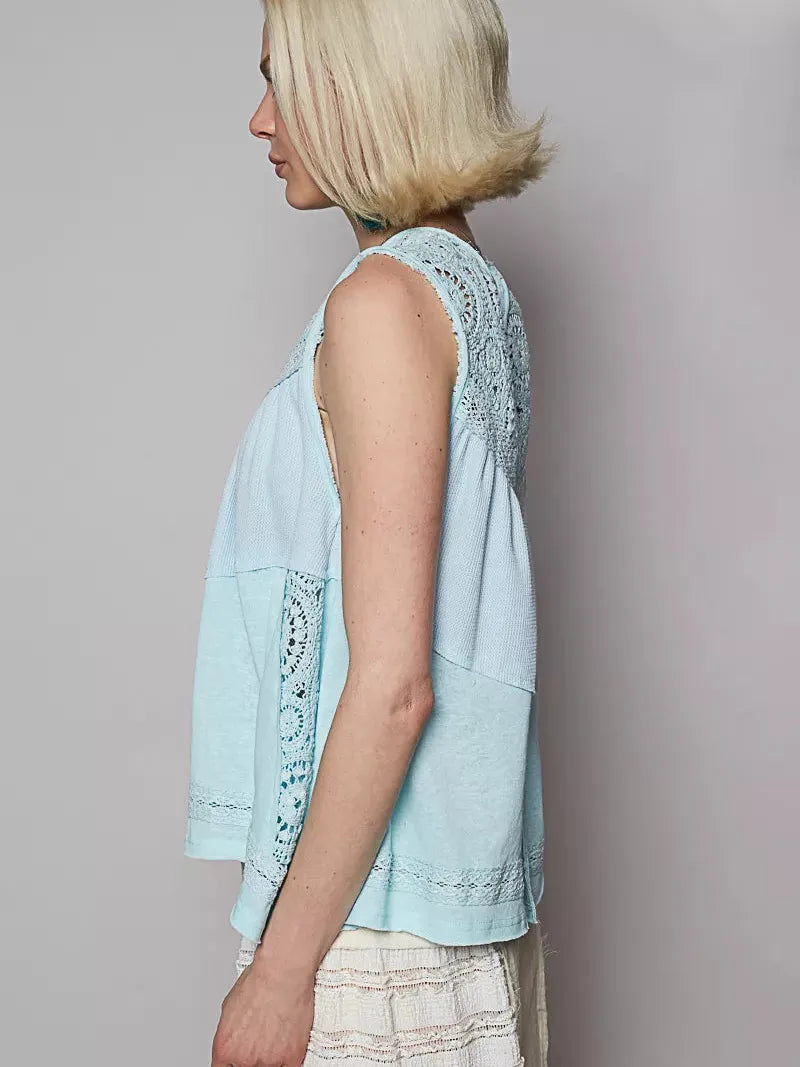 POL Woven Whisper Crochet Contrast Sleeveless Top in Blue-Women's Shirts & Tops-Shop Z & Joxa