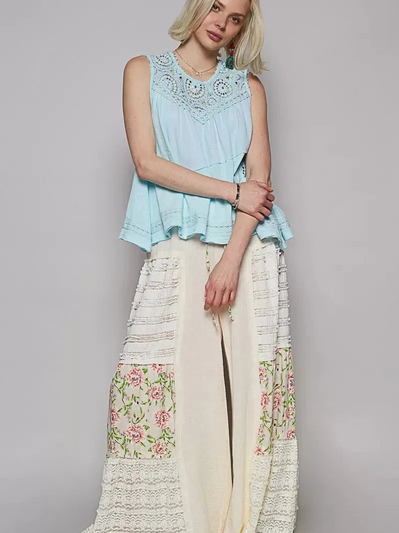 POL Woven Whisper Crochet Contrast Sleeveless Top in Blue-Women's Shirts & Tops-Shop Z & Joxa