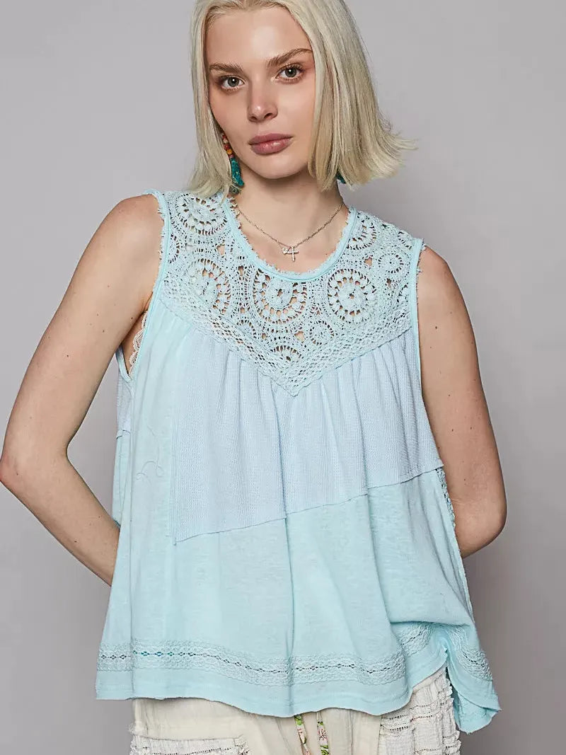 POL Woven Whisper Crochet Contrast Sleeveless Top in Blue-Women's Shirts & Tops-Shop Z & Joxa