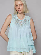 POL Woven Whisper Crochet Contrast Sleeveless Top in Blue-Women's Shirts & Tops-Shop Z & Joxa
