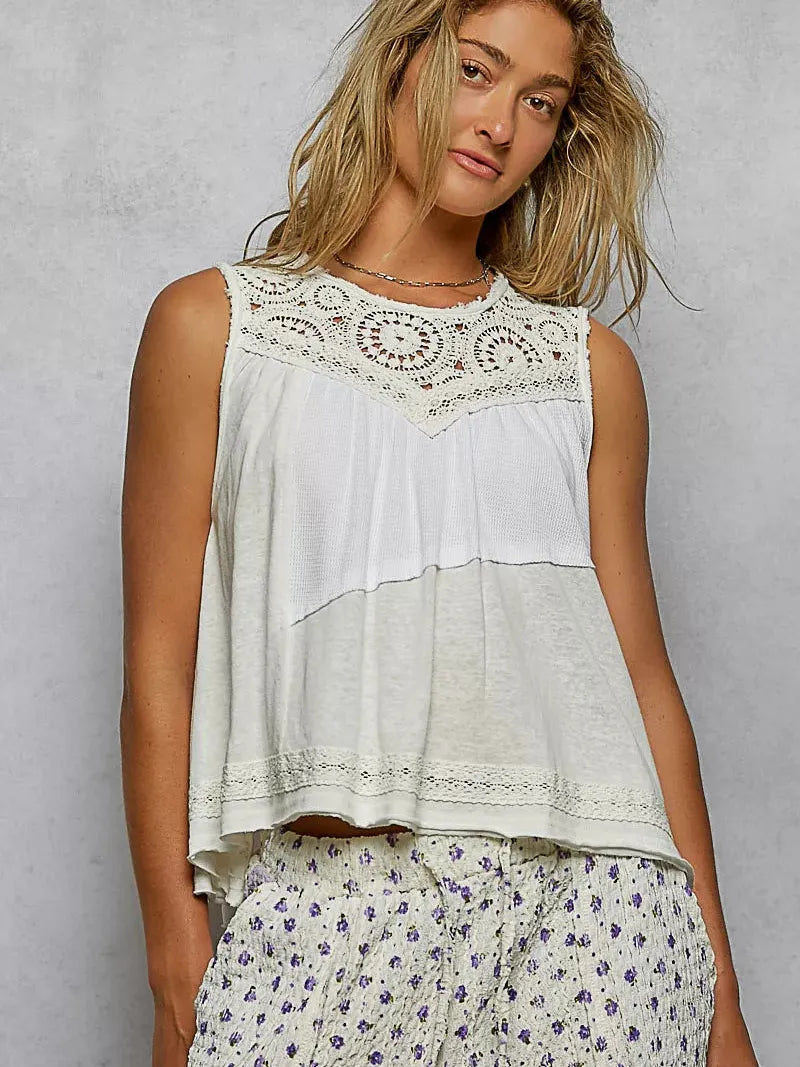 POL Woven Whisper Crochet Contrast Sleeveless Top in White-Women's Shirts & Tops-Shop Z & Joxa