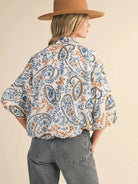 Paisley Daydream Teal Blue Paisley Bubble Sleeve Button Down Top-Women's Shirts & Tops-Shop Z & Joxa