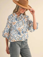 Paisley Daydream Teal Blue Paisley Bubble Sleeve Button Down Top-Women's Shirts & Tops-Shop Z & Joxa